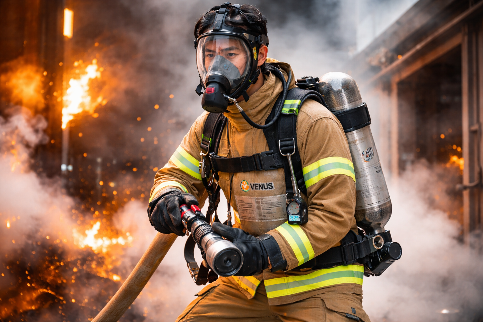 Firefighter in action amid smoke