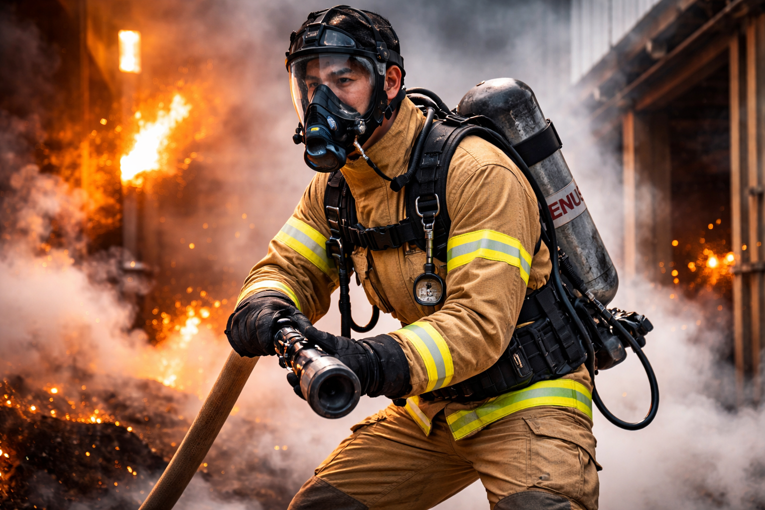 Firefighter in action with SCBA gear