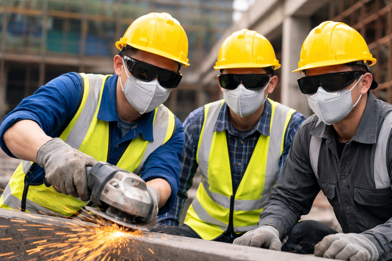 Focused workers cutting metal sparks