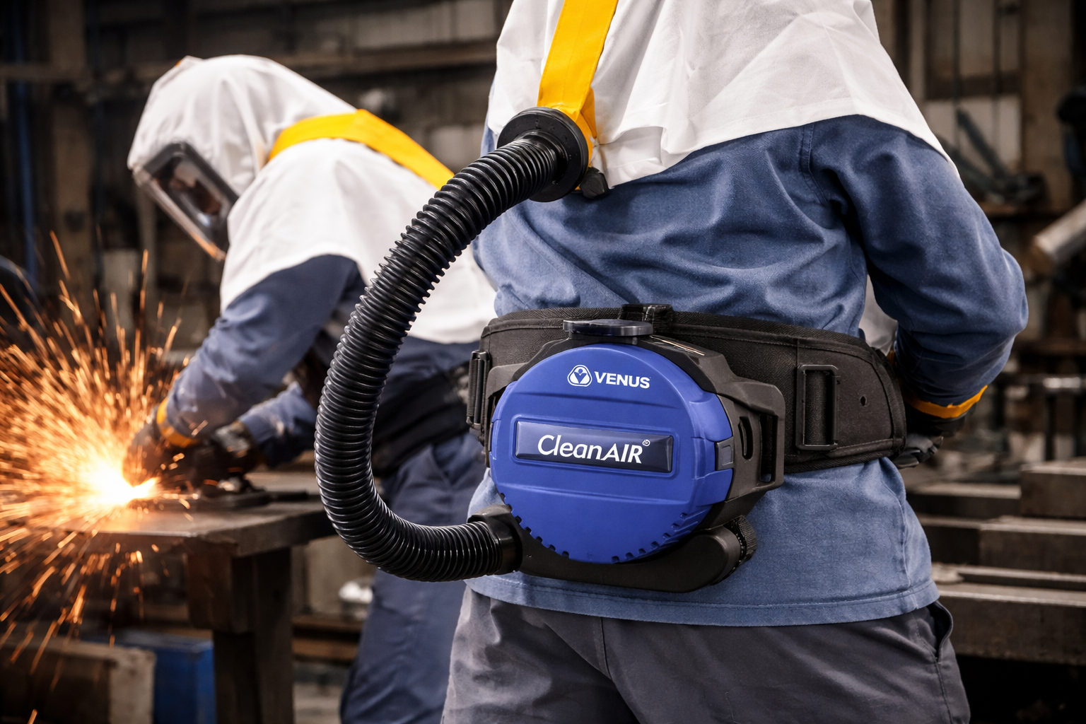 Worker using VENUS CleanAIR respirator system